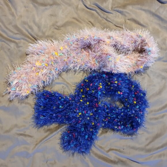 Hand Crafted Confetti Eyelash Yarn Set of Two Scarves Blue and Pink - Picture 5 of 5